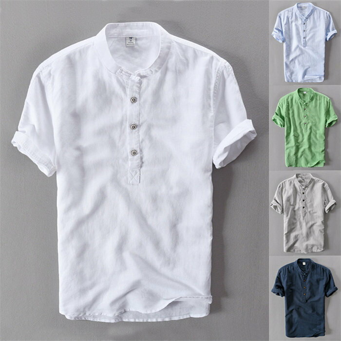 Plain - Tシャツ 半袖シャツ メンズ 半袖 Vネック カジュアルシャツ リネンシャツ ヘンリーネック メンズファッション 夏 夏用 男性 ボタン 立ち襟 トップス 無地 麻 夏服 大きいサイズ プルオーバーシャツ 中華風 チャイナ風 おしゃれ クールビズ カジュアルシャツ カジュアル