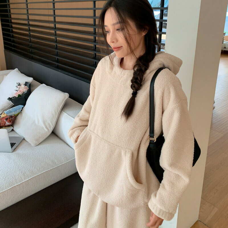 パジャマ 部屋着 レディース ルームウェア もこもこ フード付き 着る毛布 上下セット 暖か プルオーバー 裏起毛 無地 ふわもこ 冬 女性 ナイトウェア 厚手 パーカー フロントポケット プルパーカー 可愛い