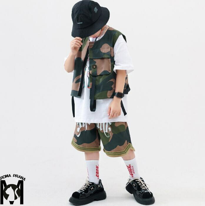 子供ヒップホップジャズダンス衣装　迷彩柄多機能ベスト　ショート丈パンツ　迷彩柄　半袖tシャツ　夏..
