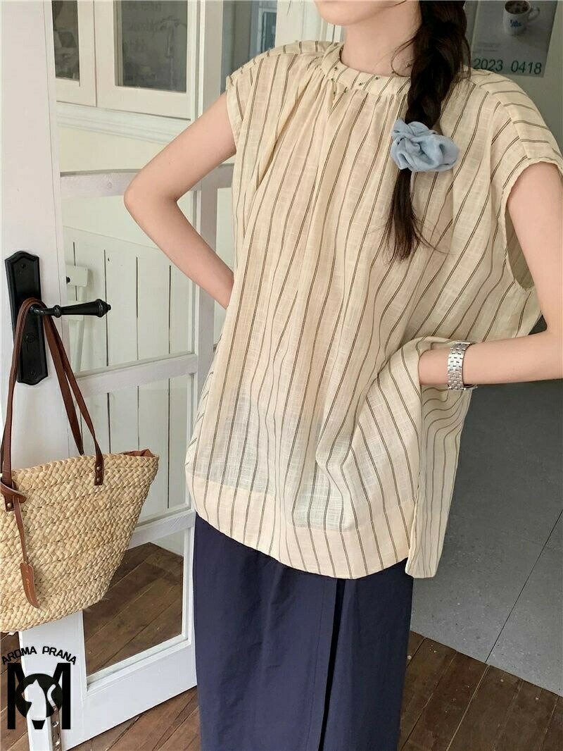 ブラウス シャツブラウス レディース ノースリーブ ストライプ柄 クルーネック プルオーバー 夏 薄手 トップス シンプル ゆったり 体型カバー 涼しい カジュアル 大人可愛い 春 夏 きれいめ 着心地いい 普段着 通勤 通学