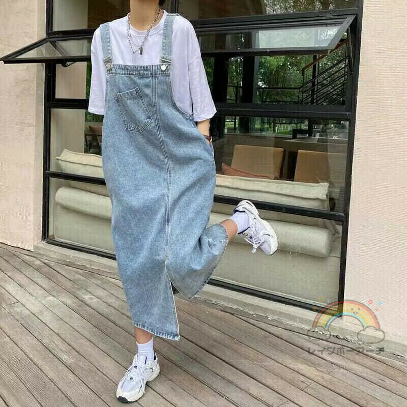 デニムジャンパースカート デニムサロペット スカート ワンピース 体型カバー デニムワンピース デニム ポケット付き オールインワン カジュアル レイヤード レディース 無地 重ね着 着回し スリット