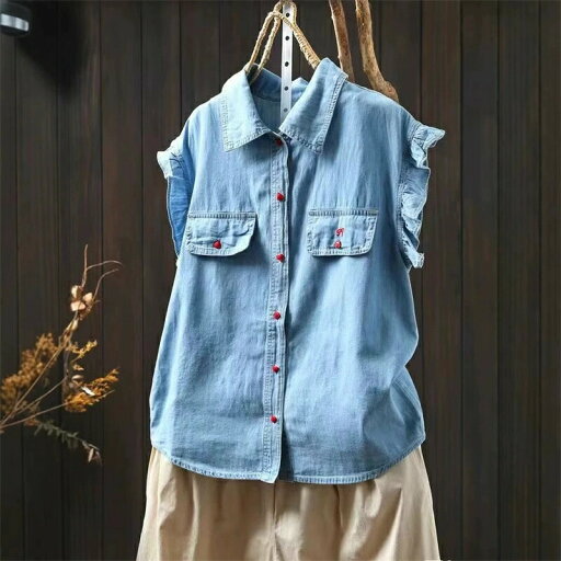 【夏新作!】ブラウス デニムシャツ レディース シャツ トップス シャツブラウス デニム チュニック ノースリーブ フレンチスリーブ デニム フリル 無地 トップス 折り襟 タンクトップ ラウンドヘム ネイビー ブルー 夏 春 二の腕カバー