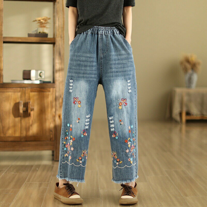 デニムパンツ デニム パンツ 九分 ロングパンツ 刺繍 レディース 花柄 イージーパンツ ワイド ワイドパンツ 低身長 九分丈 夏 春 ボトムス ボトム テーパード ズボン ロング ウエストゴム ゆったり アンクルパンツ 大人 カジュアル mind-fit-10014641 MIND FIT サンプル画像2