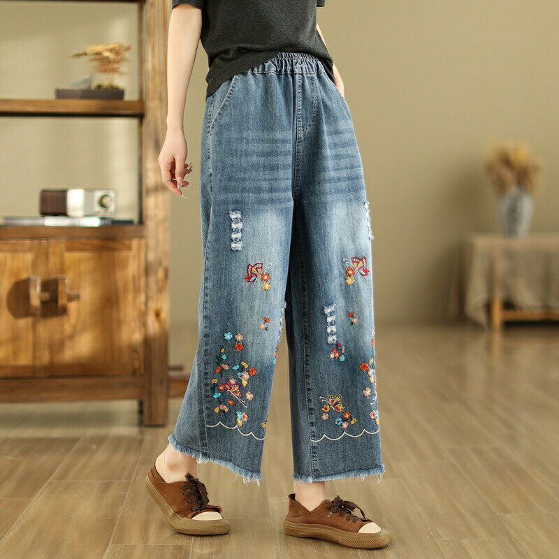 デニムパンツ デニム パンツ 九分 ロングパンツ 刺繍 レディース 花柄 イージーパンツ ワイド ワイドパンツ 低身長 九分丈 夏 春 ボトムス ボトム テーパード ズボン ロング ウエストゴム ゆったり アンクルパンツ 大人 カジュアル mind-fit-10014641 MIND FIT サンプル画像3