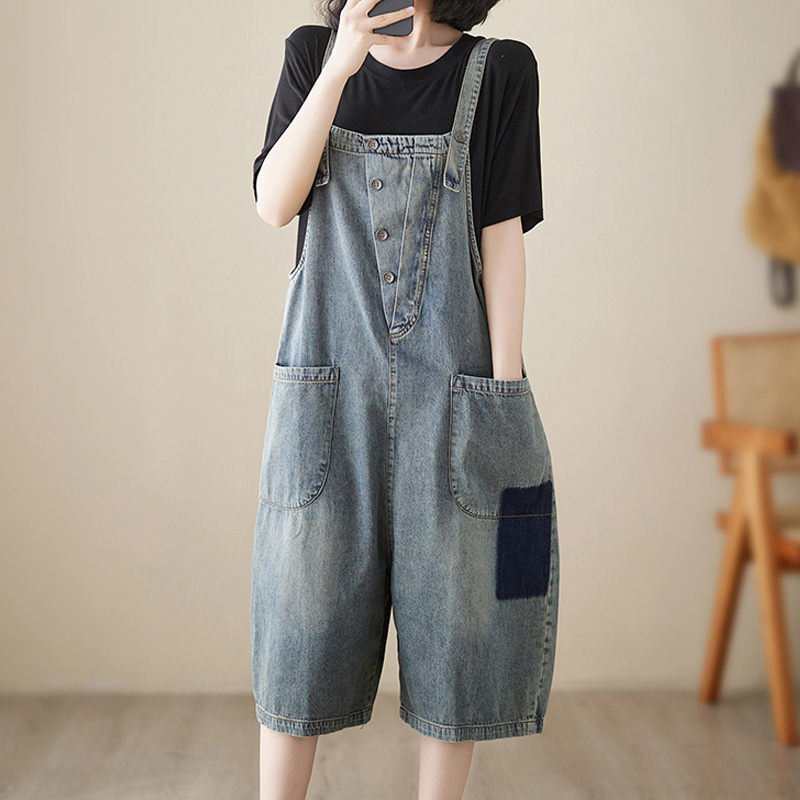 MIND FITのサロペット パンツ デニム キュロット デニムパンツ ワイド オールインワン レディース ボトムス ショートパンツ ワイドパンツ デニム きれいめ パンツ ショート ハーフパンツ サロペットパンツ 大きいサイズ オーバーオール 大人 可愛い 体型カバー 春 夏 春夏｜アングル2