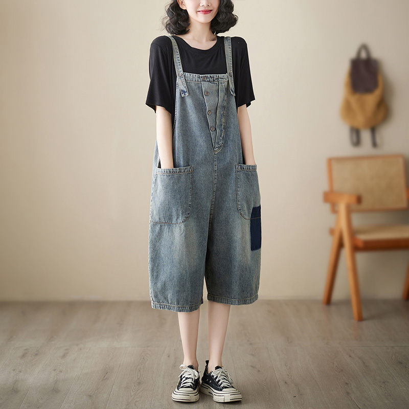 MIND FITのサロペット パンツ デニム キュロット デニムパンツ ワイド オールインワン レディース ボトムス ショートパンツ ワイドパンツ デニム きれいめ パンツ ショート ハーフパンツ サロペットパンツ 大きいサイズ オーバーオール 大人 可愛い 体型カバー 春 夏 春夏｜アングル3