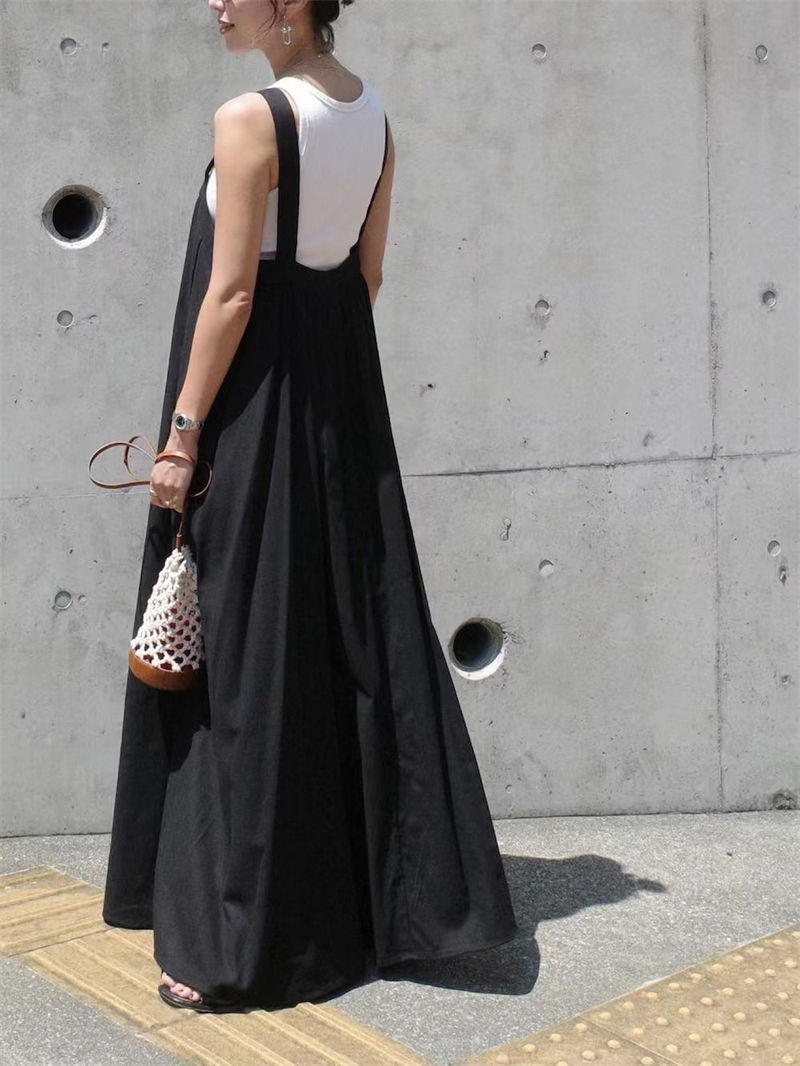 ジャンパースカート レディース 夏 サロペット スカート ジャンスカ マキシ丈 ノースリーブ 春 秋 サロペットスカート タック入り 大人 無地 ノースリーブ 大きいサイズ 体型カバー ゆったり カジュアル シンプル ママ