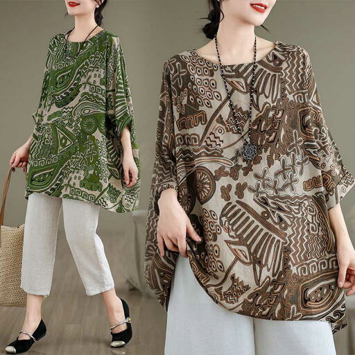 tシャツ レディース 半袖 総柄 カットソー チュニック uネック 七分袖 半袖tシャツ 大きいサイズ トップス ドルマンスリーブ ドルマン袖 シャツ 夏 ブラウス Tシャツ シャツブラウス ドロップショルダー 薄手 涼しい ゆったり 体型カバー カジュアル 着痩せ 散歩 ママ