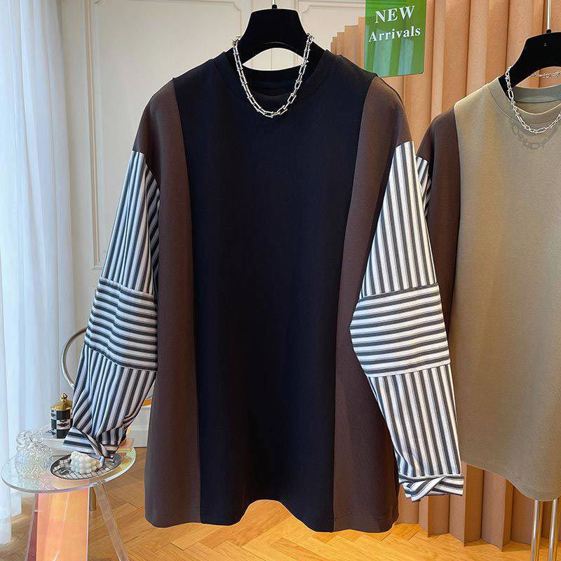 チュニック 長袖 レディース スウエット プルオーバー トレーナー トップス 切り替え ストライプ ボーダー tシャツ ロング 春秋 ブラウス きれいめ 大きいサイズ ドッキングブラウス ドッキング 重ね着 カジュアル ゆったり 着痩せ 体型カバー おしゃれ 無地 春