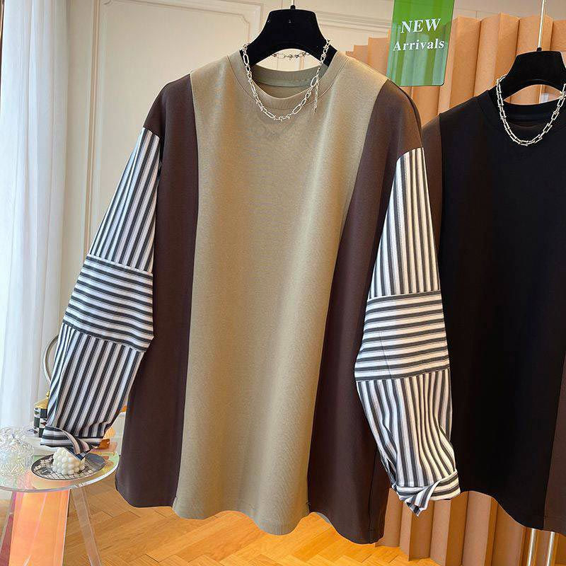 チュニック 長袖 レディース スウエット プルオーバー トレーナー トップス 切り替え ストライプ ボーダー tシャツ ロング 春秋 ブラウス きれいめ 大きいサイズ ドッキングブラウス ドッキング 重ね着 カジュアル ゆったり 着痩せ 体型カバー おしゃれ 無地 春