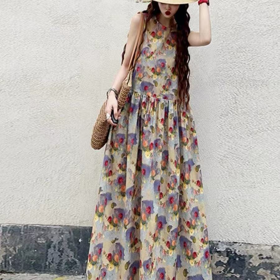 レディース ロングワンピース 夏ワンピース フェミニン サマーワンピース ボタニカルワンピース サマーワンピ ノースリーブワンピース 夏 ノースリーブ 花柄 大柄 総柄 ノースリーブワンピース リゾート ノースリ ワンピース ボタニカル リゾートワンピース SLWD012(S-2XL)