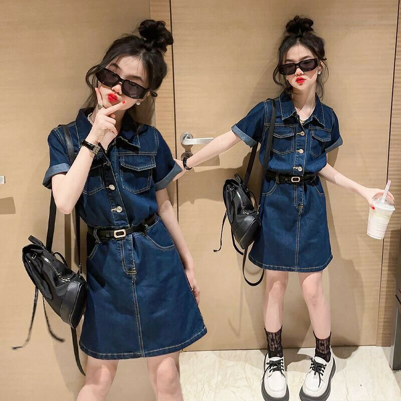 デニムワンピース 女の子 子供服 ベルト付き デニムワンピース 子供 半袖 キッズ夏ワンピース 膝丈上 ..