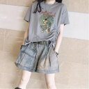 上下セット セットアップ レディース 大きいサイズ Tシャツ + ショートパンツ 2点セット デニムパンツ セットアップ上下 半袖 重ね着風 韓国ファッション ...