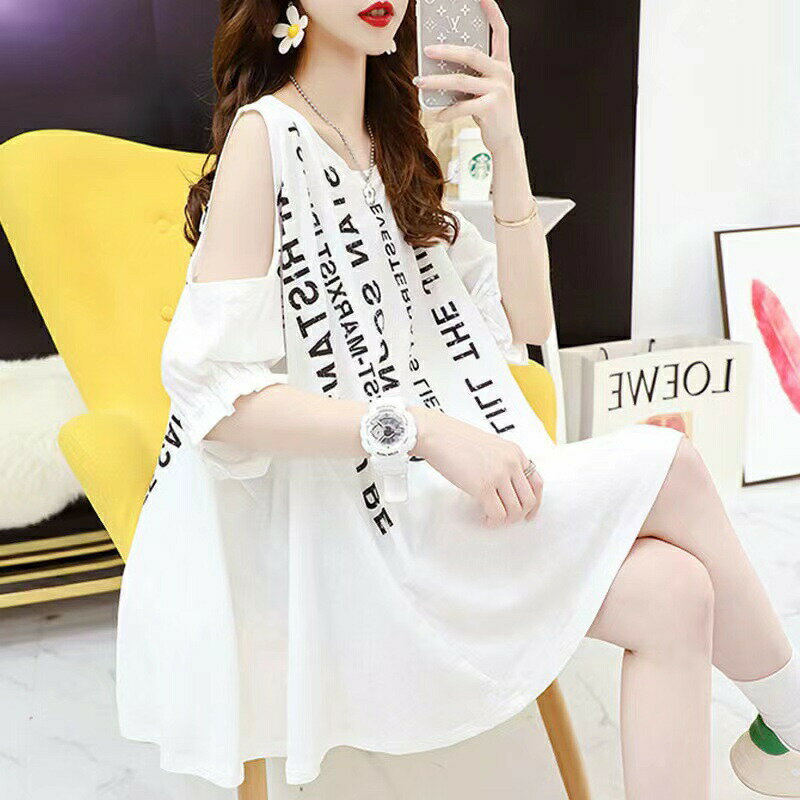 Tシャツ レディース 夏 ゆったり 半袖 トップス 可愛い 丸首 肩出し フレアトップス カジュアル チュニックワンピース 肩あき 肩開き ラッフル セクシートップス ロゴトップス 肩出しトップス 大きめTシャツ 夏ワンピースレディース ホワイト 黒 ピンク M L XL 2XL SLUA131