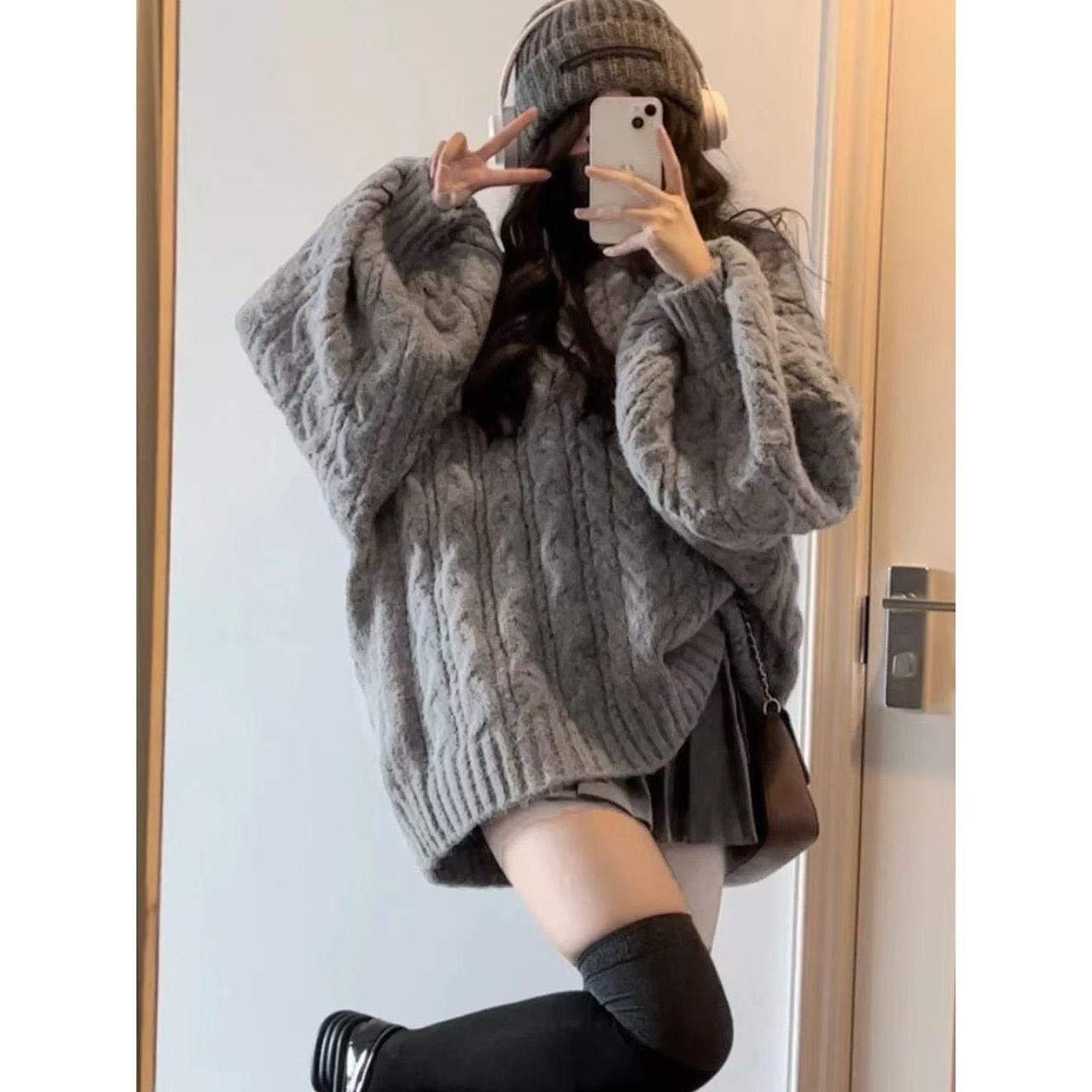 V-Neck - ニットセーター トップス レディース プルオーバー Vネック ケーブルニット アランニット 長袖 ドロップショルダー 厚手 ボリューム袖 オーバーサイズ 大人可愛い シンプル カジュアル ベーシック ナチュラル おしゃれ お洒落 大人女子 ラフ こなれ感 SLUC176(S-L)