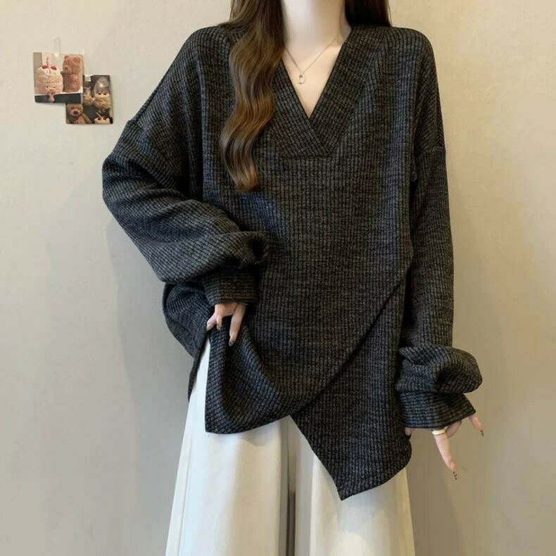 トレーナー レディース トップス レディーストップス Vネック 無地 シンプル レディース洋服 普段着 大きいサイズ リブ 春秋 秋服 春服 長袖 ゆったり 体型カバー カジュアル 大人 可愛い LUFA262(3色M-3XL)のサムネイル