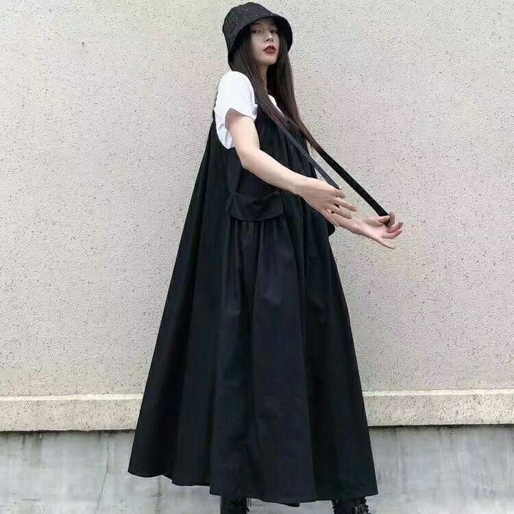 Tシャツ+ワンピース 2点セット レディース 夏 セットアップ 半袖 レディースセットアップ ロングワンピース ボリュームワンピース aラインワンピース 黒ワンピース ボリュームゆったり 薄手 可愛い 通勤 カジュアル モノトーン ブラック S M L XL 2XL SLSB005