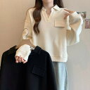 トレーナー レディース 大きいサイズ ショート 無地 シンプル 春秋 秋服 春服 長袖 薄手 POLOネック トップス ゆったり 可愛い カジュアル LUFA246(2色L-4XL)|詳細画像