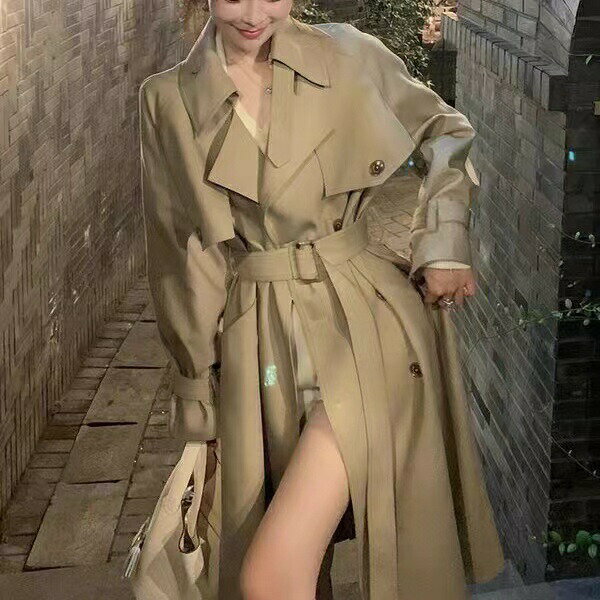 トレンチコート レディース 春 秋 スプリングコート 長袖 ロングコート トレンチ アウター コート ロング丈 裏地付き デザイン ゆったり きれいめ おしゃれ オリジナル カジュアル 通勤 上品 SLCC069(2色S-XL)
