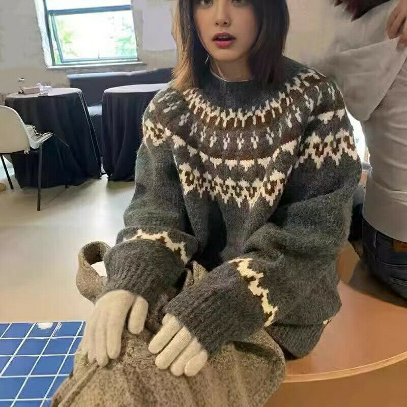 エスニック 幾何柄 ノルディック柄 民族 ニット トップス セーター プルオーバー 長袖 体型カバー レデ..