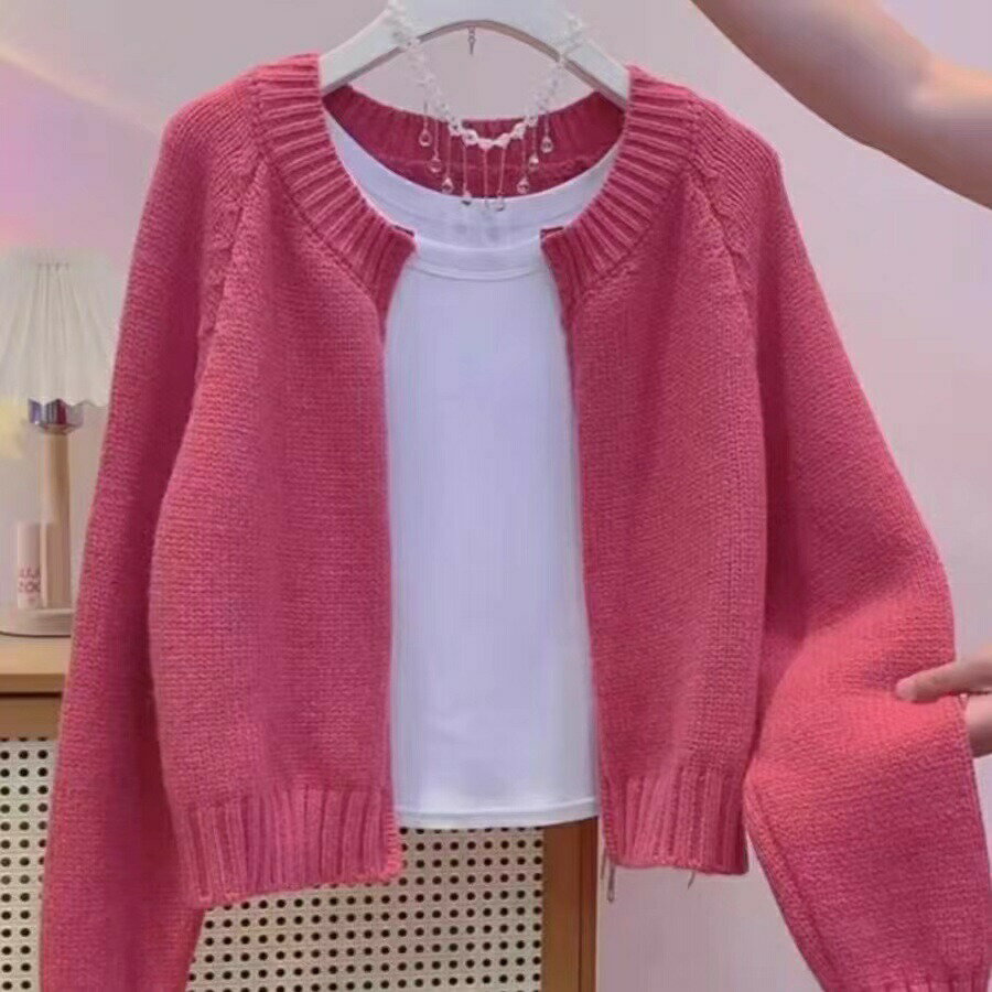 カーデガン レディース 春秋 トップス ニットカーデガン ショート 無地 シンプル 通勤 セーター ニット 長袖 ゆったり カジュアル 可愛い アウター おしゃれ SLCC077(4色S-L)