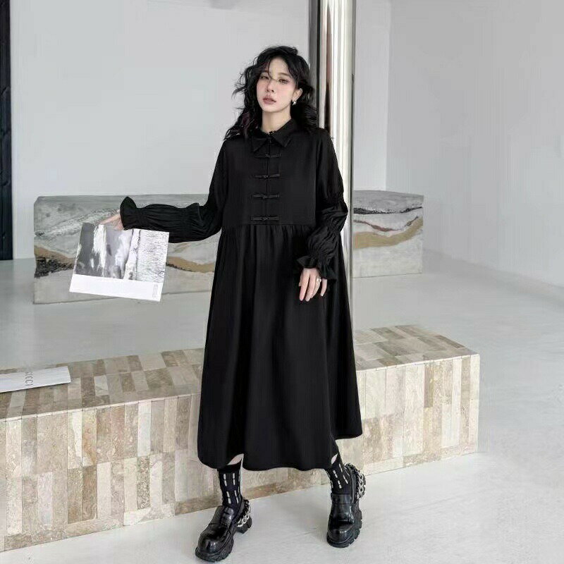 ワンピース レディース ロングワンピース ギャザーワンピース 長袖 無地 襟付き チャイナボタン 袖フリル ロングワンピ ワンピ 大きいサイズ 切り替え ドレー...