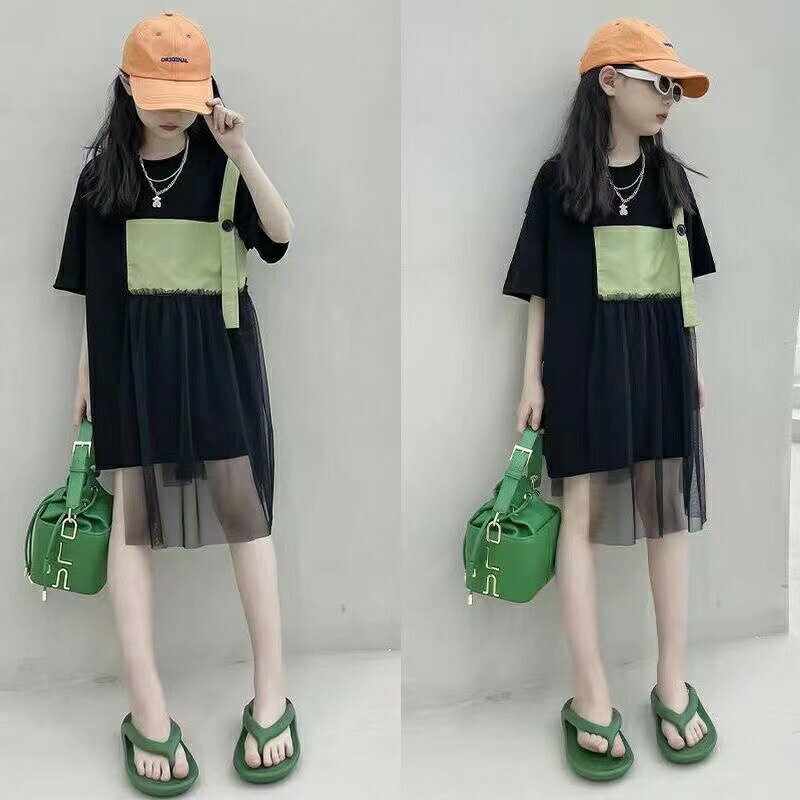 キッズ Tシャツワンピース ロングワンピース 半袖 異素材トップス キッズTシャツ おしゃれ 女の子 長め..