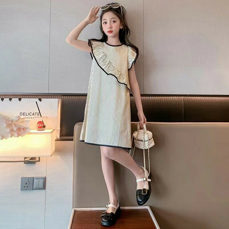 ワンピース キッズ ロングワンピース ノースリーブ ストライプ柄 薄手 ジュニア おしゃれ 夏 丸首 子供..