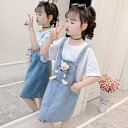 キッズ 子供服 上下セット セットアップ Tシャツ ジャンパースカート 2点セット 夏 キッズワンピース 縫いぐるみ付 デニムワンピース ジャンスカ ジャンパースカート サロペットスカート おしゃれワンピース サロペットワンピース 女の子 ゆったり 半袖 KSFC012(110-160)