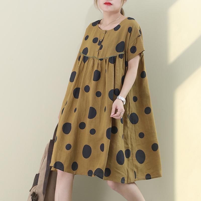 レディース ワンピース 夏 ゆったり ドット柄 可愛い 半袖 大きいサイズ 丸首 LWEA046(2色L-XL)