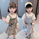 キッズ 子供服 上下セット セットアップ Tシャツ+スカート 2点セット デニムワンピース ジャンスカ ジャンパースカート サロペットスカート おしゃれワンピース サロペットワンピース カジュアル 女の子 春夏 ゆったり 可愛い 半袖 薄手 90 100 110 120 130 140 KSFB037