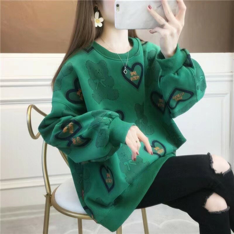 トレーナー レディース 春秋 ゆったり トップス おしゃれ カジュアル 長袖 可愛い 丸首 クマ柄 グリー..