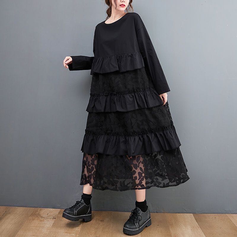 レディース ロングワンピース 春秋 ゆったり レース 可愛い 長袖 大きいサイズ LWDA184(フリー)