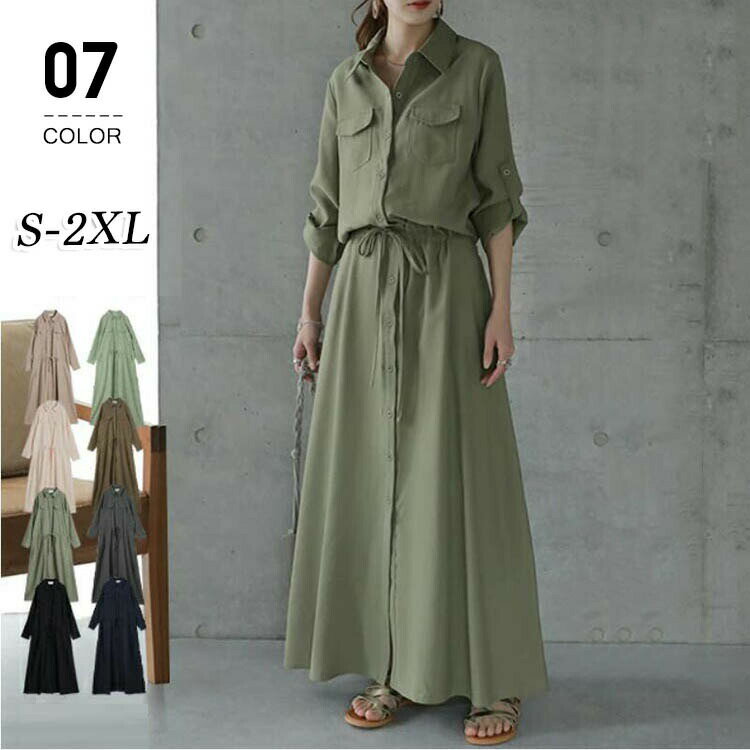 シャツワンピース レディース 秋冬 ロングワンピース 長袖 シフォン ワンピース 体型カバー 大人可愛 カジュアル お洒落 Aラインワンピース きれいめ 綿麻ワンピース ナチュラル ロングワンピース着やせ