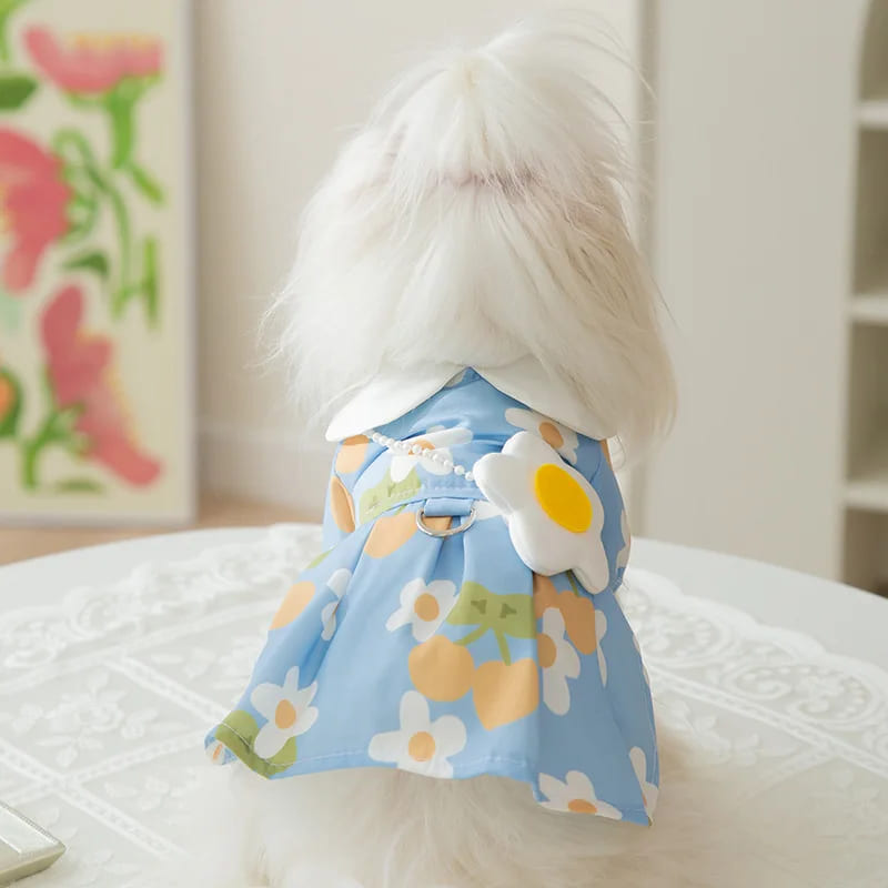 犬 服 ワンピース 花柄 スカート 水色 ハーネス かわいい 小型犬 中型犬 散歩 涼しい 春夏 袖あり 前開..