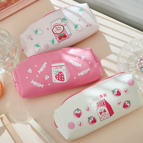 樂天商城 - ペンケース 筆箱 おしゃれ かわいい 女性向け 女子 レディース ユニーク おもしろ フェイクレザー いちご ピンク 白 ファスナー付き 大容量 多機能 マチ付き 小学生 中学生 高校生 大学生 収納 ゆめかわ レトロ 韓国