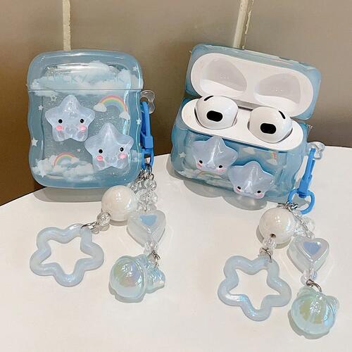 樂天商城 - AirPodsケース 韓国 かわいい 3D 星形 水色 キラキラ イヤホン カバー Pro 第1世代 第2世代 第3世代 おしゃれ チャーム付き 平成