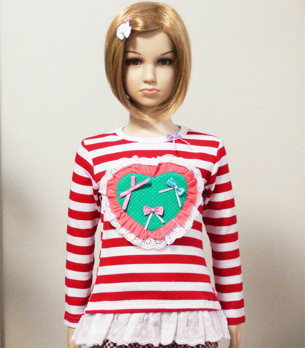 ハートモチーフ&リボン付♪レースフリル裾の超可愛いボーダー柄Tシャツ★Tシャツ 女の子 夏物 子供 Tシャツ 子供用 キッズ Tシャツ プレ..