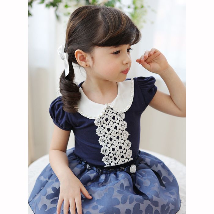 子供 半袖 Tシャツ 女の子 カットソー パフスリーブ Tシャツ 子供 半袖カットソー パール 白襟Tシャツ