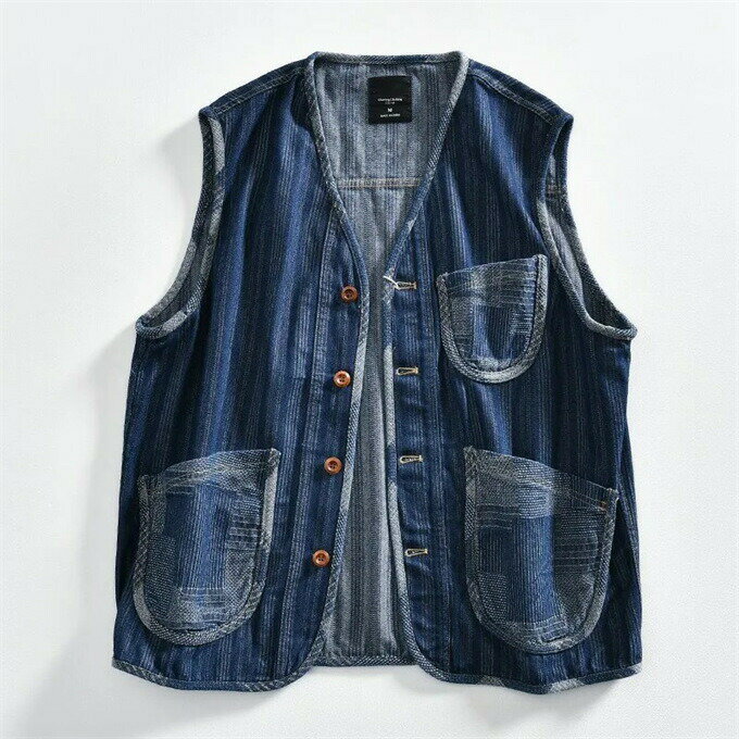 デニムベスト メンズ 日系 チョッキ ポケット付き ストライプ ノースリーブ デニム ベスト ジレ アウター 重ね着 着回し レトロ ファッション きれいめ シンプル 大人 オフィス カジュアル 20代 30代 40代 男性 男 服 春 夏 秋 冬