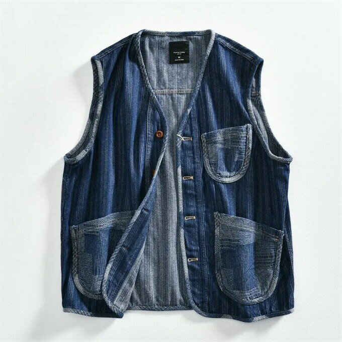 デニムベスト メンズ 日系 チョッキ ポケット付き ストライプ ノースリーブ デニム ベスト ジレ アウター 重ね着 着回し レトロ ファッション きれいめ シンプル 大人 オフィス カジュアル 20代 30代 40代 男性 男 服 春 夏 秋 冬