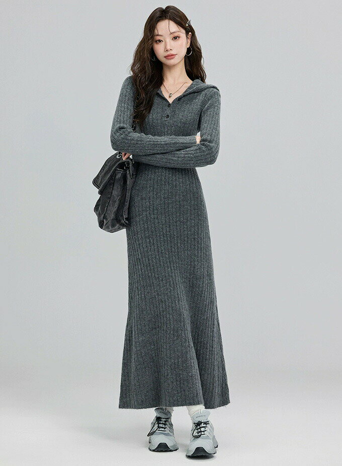 ニットワンピース 長袖 リブ フード フレアワンピース マー ロング丈ワンピース マキシ丈 レディース 春秋冬 カジュアル ニット 秋 冬 無地 シンプル オシャレ 伸縮性 きれいめ 通勤 OL 20代30代 40代 韓国ファッション 送料無料