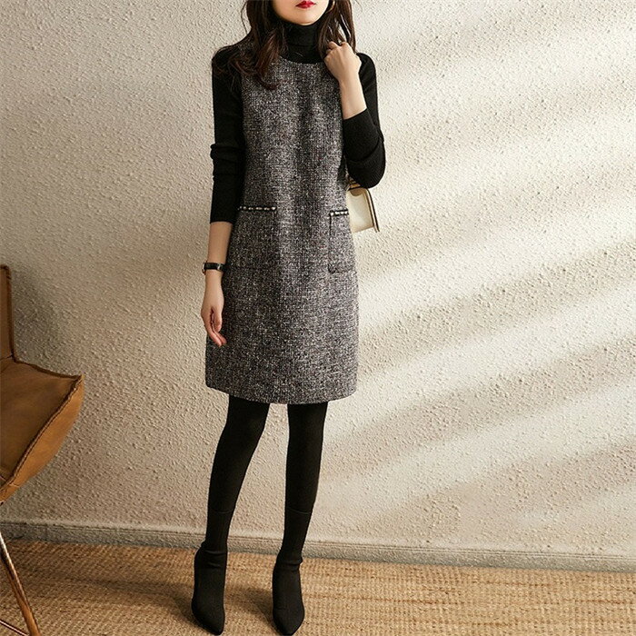 MIND FITの送料無料 ワンピース 秋 レディース ジャンパースカート Uネック ジャンスカ サロペットスカート オールインワン ワンピ ノースリーブ タンクワンピース 重ね着 大人 かわいい きれいめ チェック 着痩せ 春 秋 冬 おしゃれ｜アングル2