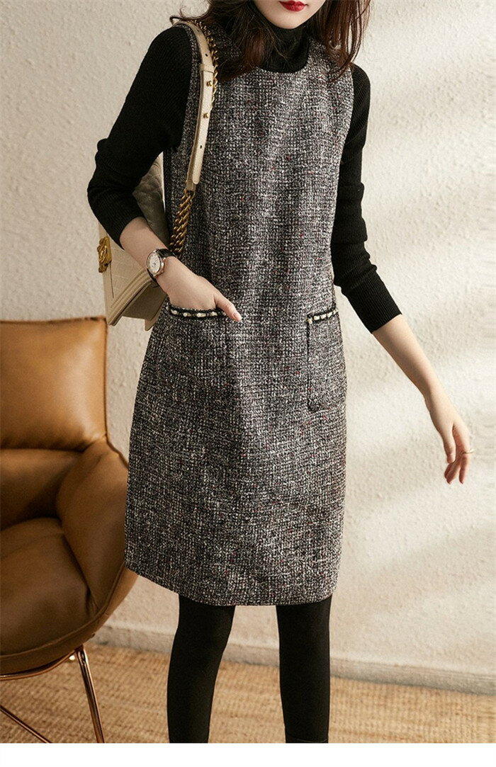 MIND FITの送料無料 ワンピース 秋 レディース ジャンパースカート Uネック ジャンスカ サロペットスカート オールインワン ワンピ ノースリーブ タンクワンピース 重ね着 大人 かわいい きれいめ チェック 着痩せ 春 秋 冬 おしゃれ｜アングル3