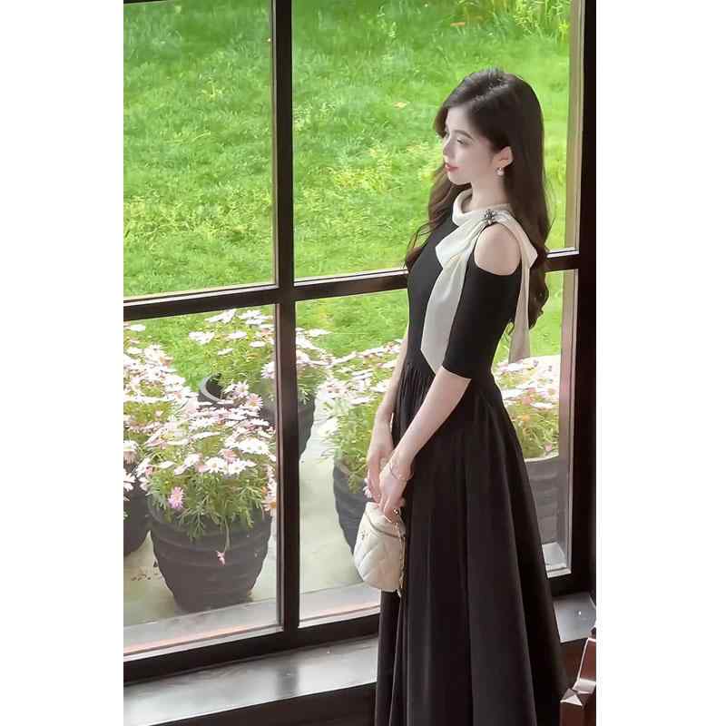 ワンピース レディース 春夏 フレンチスタイル ミドルスリーブ オフショルダー ウエストマーク 細見え ..