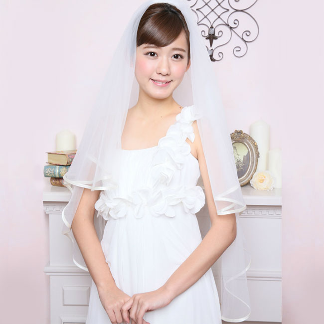 ウェディングベール ミドル ヴェール Veil 1m 100 ウエディング 透け感 チュール サテンリボン パイピ..