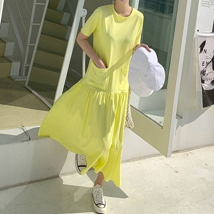 ワンピース ロングワンピース ロング丈 ロング マキシ丈 ミモレ ミモレ丈 半袖 半そで ラウンドネック 切り替え 切り替えデザイン フレアスカート フレア ポケット ポケット付き 膝下 シンプル スタイリッシュ 春 夏 秋冬 秋 韓国 大人かわいい