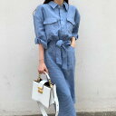 2color ワンピース シャツワンピース ロングワンピース ロング ロング丈 ミモレ ミモレ丈 マキシ マキシ丈 シャツ ウエストリボン リボン付き タック タック入り スリット スリット入り ボリューム袖 長袖 長そで 春 夏 韓国 大人かわいい(4)