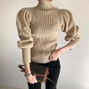 3color レディース トップス ニット セーター ハイネックセーター ハイネック タートルネック リブニット パフスリーブ ボリューム袖 スリム タイト 無...