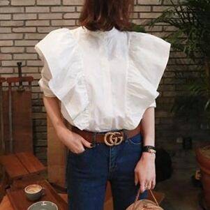 2color レディース トップス シャツ ブラウス シャツブラウス フリルブラウス ショルダーフリル ボトミングシャツ パフスリーブ ボリューム袖 袖あり 長袖 ホワイト スカイブルー 無地 シンプル 大人 大人女子 大人フェミニン フェミニン